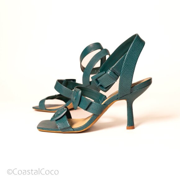 Vince Camuto Jeminstie Sandals 9 Turquoise Heel Leather Strappy Cocktail Wedding - Picture 10 of 10
